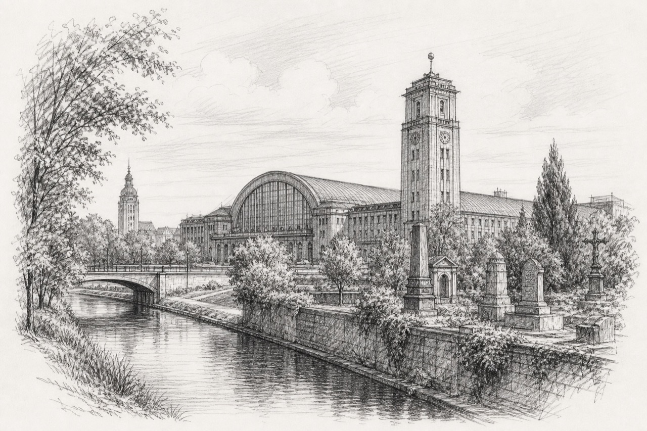 Hand-drawn pencil travel sketch for Leipzig, Germany