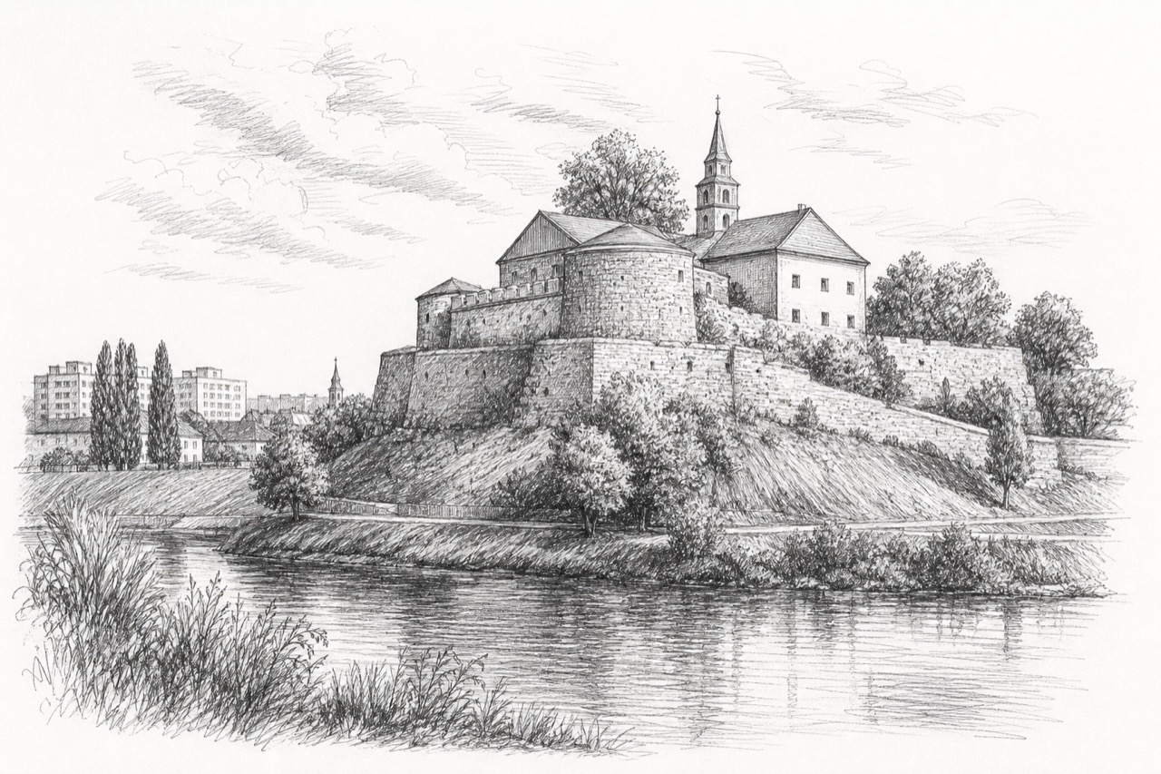 Hand-drawn pencil travel sketch for Levice, Slovakia