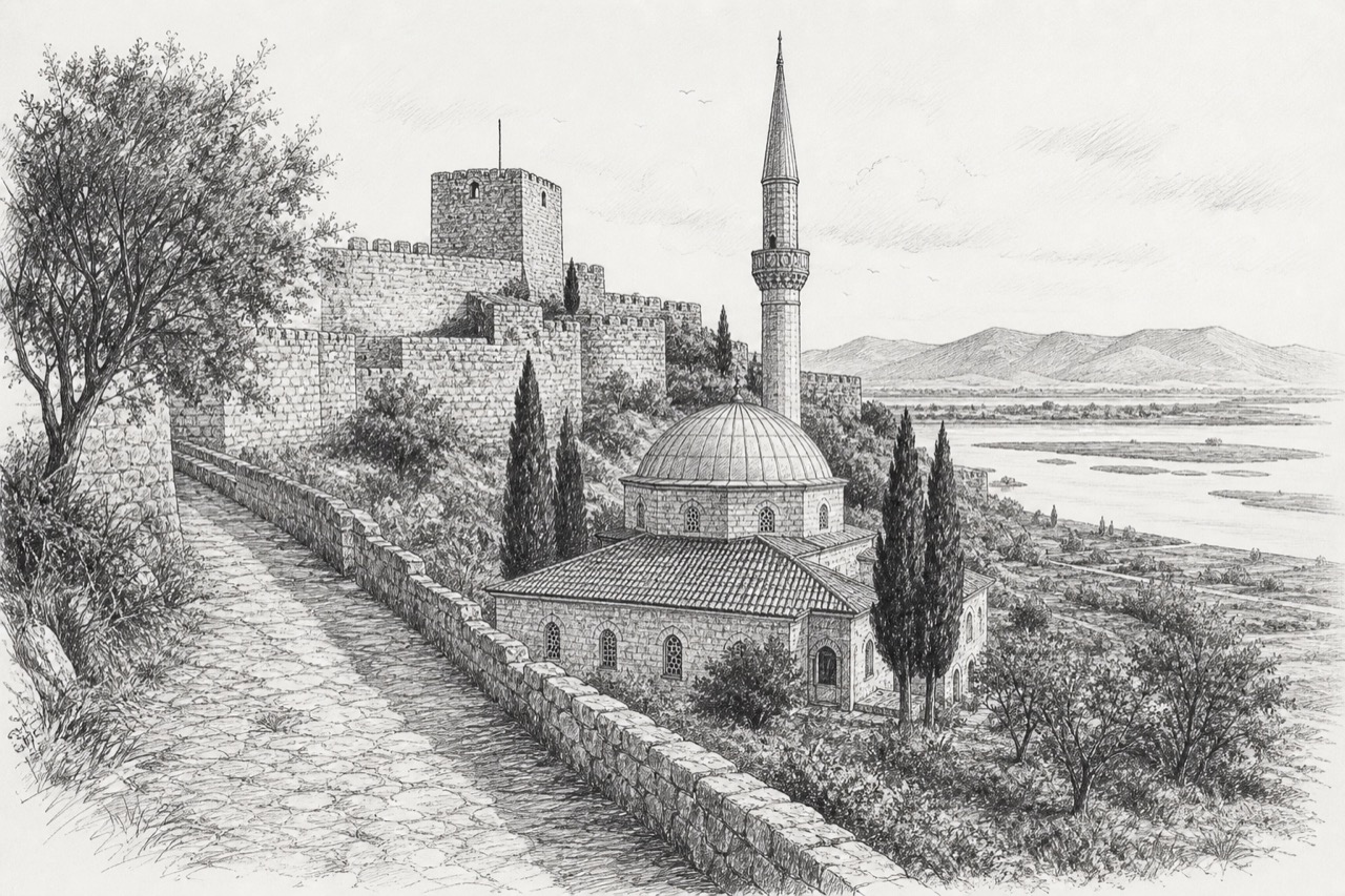 Hand-drawn pencil travel sketch for Lezhë, Albania