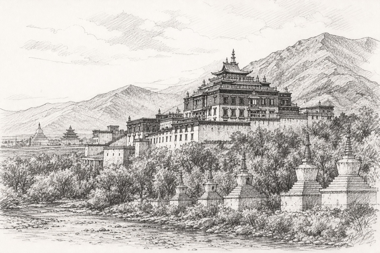 Hand-drawn pencil travel sketch for Lhoka, People's Republic of China