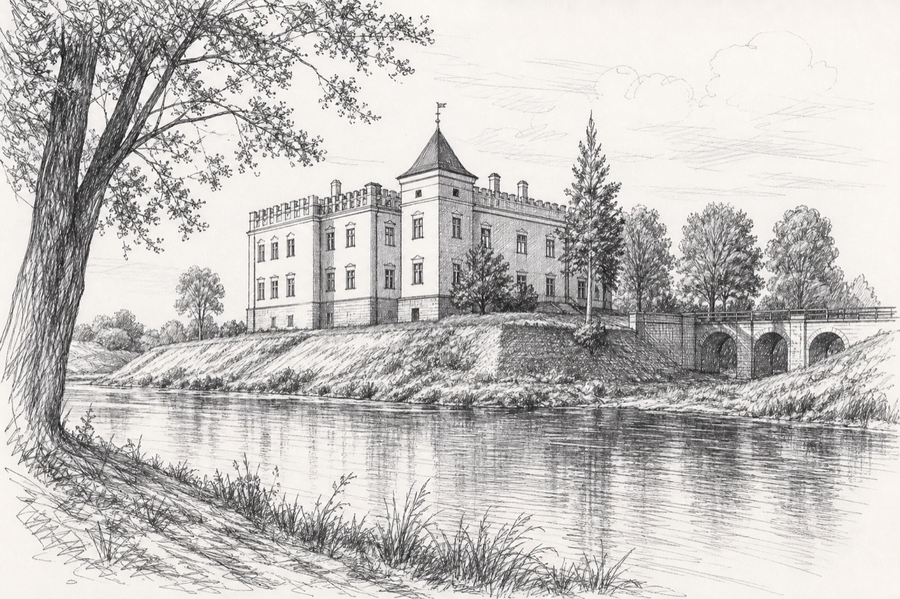 Hand-drawn pencil travel sketch for Liachavičy, Belarus
