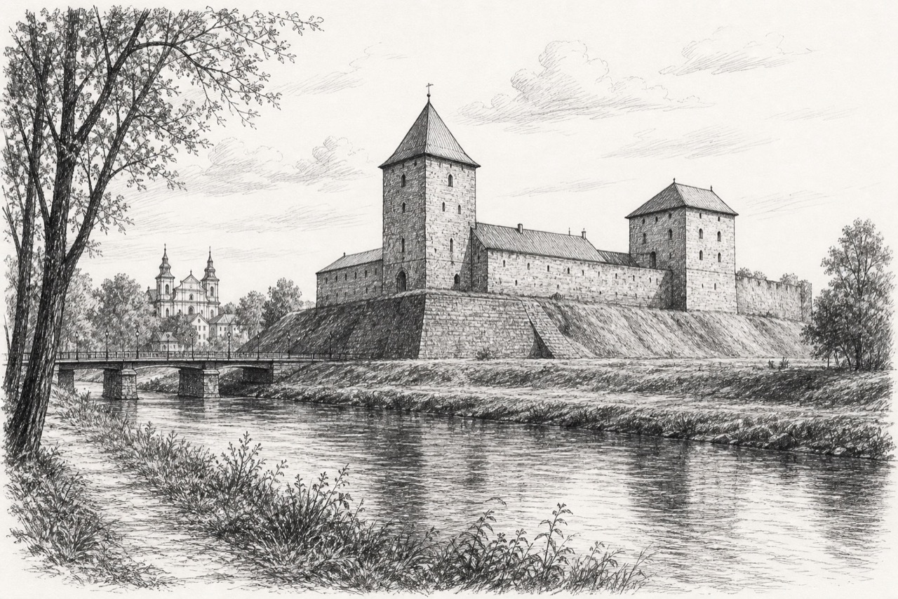 Hand-drawn pencil travel sketch for Lida, Belarus
