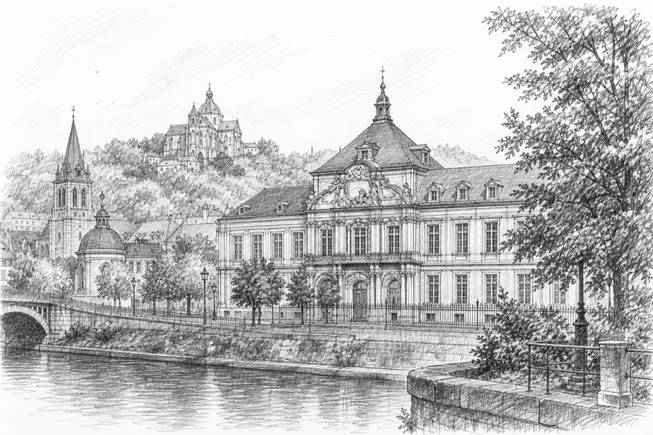 Hand-drawn pencil travel sketch for Liège, Belgium