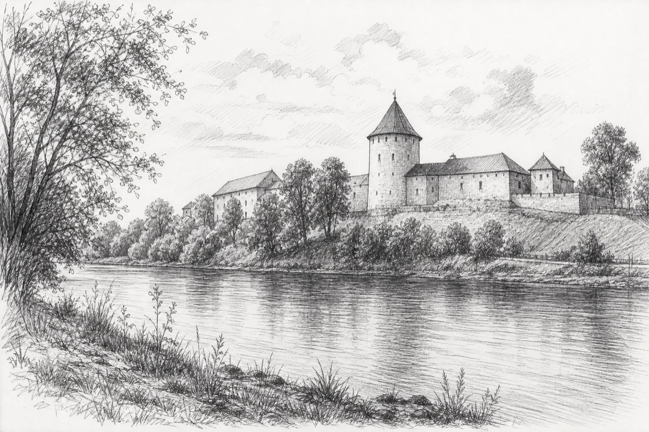 Hand-drawn pencil travel sketch for Lielvārde, Latvia