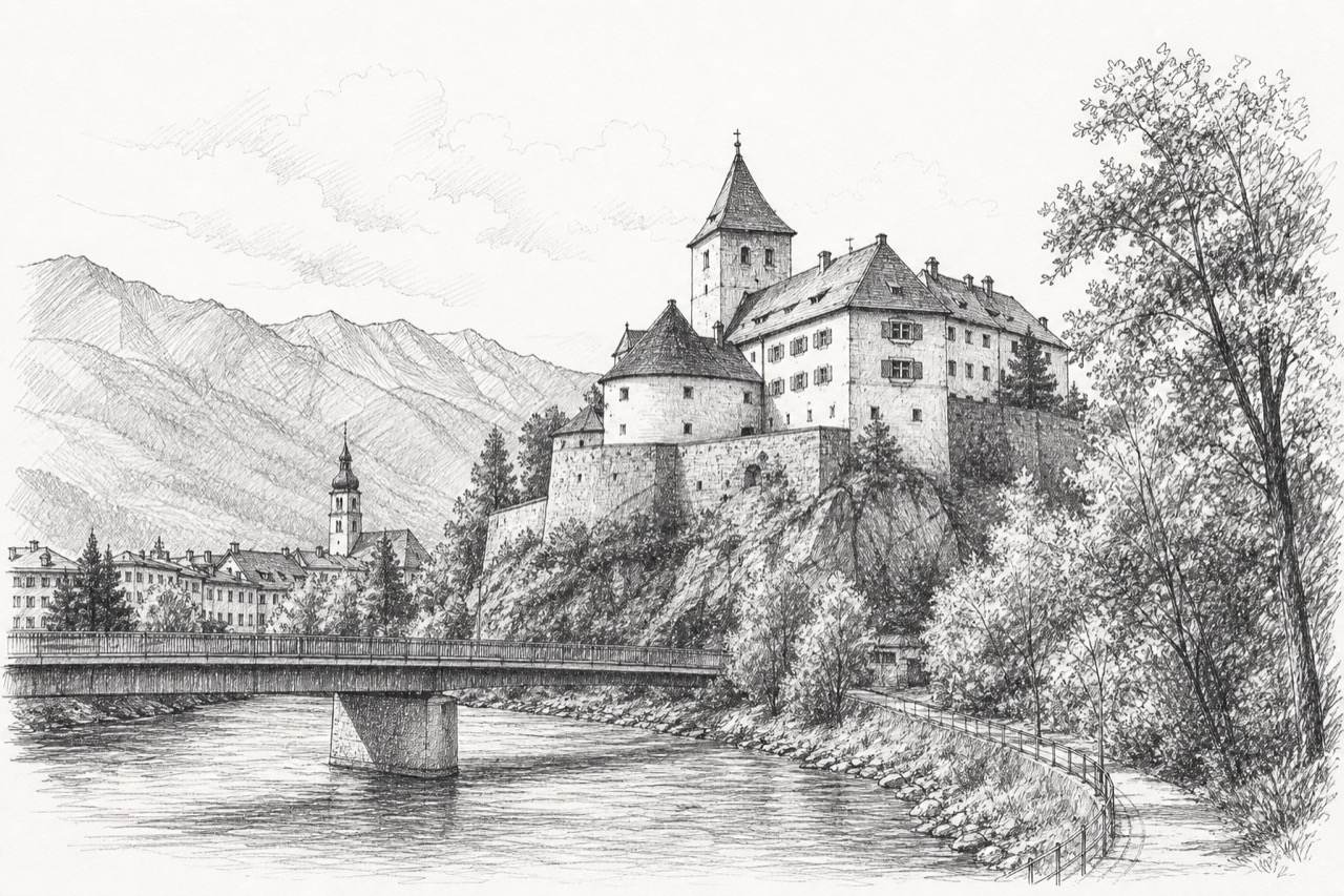 Hand-drawn pencil travel sketch for Lienz, Austria
