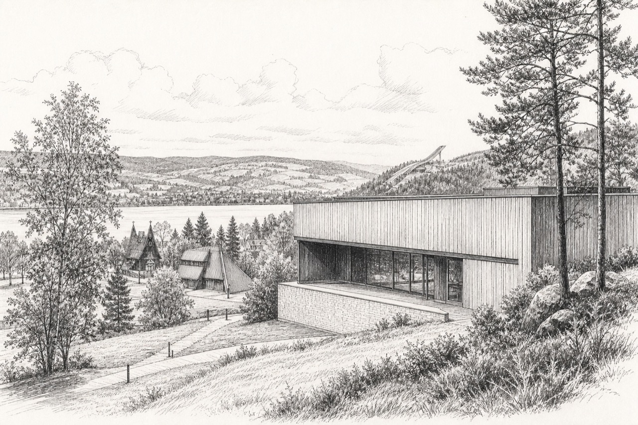 Hand-drawn pencil travel sketch for Lillehammer, Norway