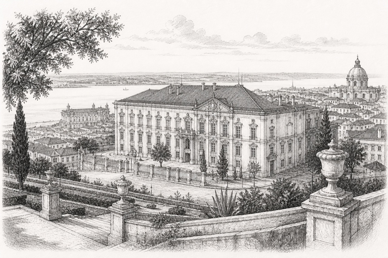 Hand-drawn pencil travel sketch for Lisbon, Portugal