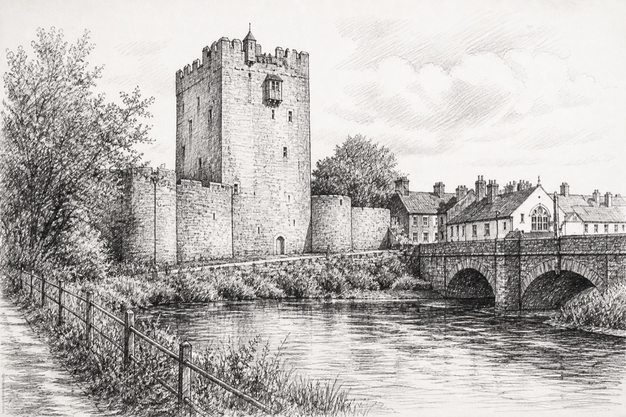 Hand-drawn pencil travel sketch for Listowel, Ireland
