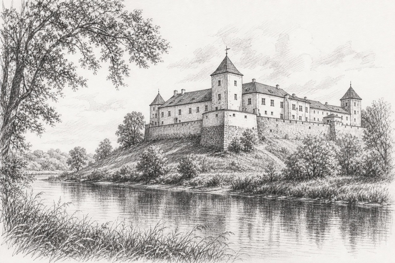Hand-drawn pencil travel sketch for Liubča, Belarus