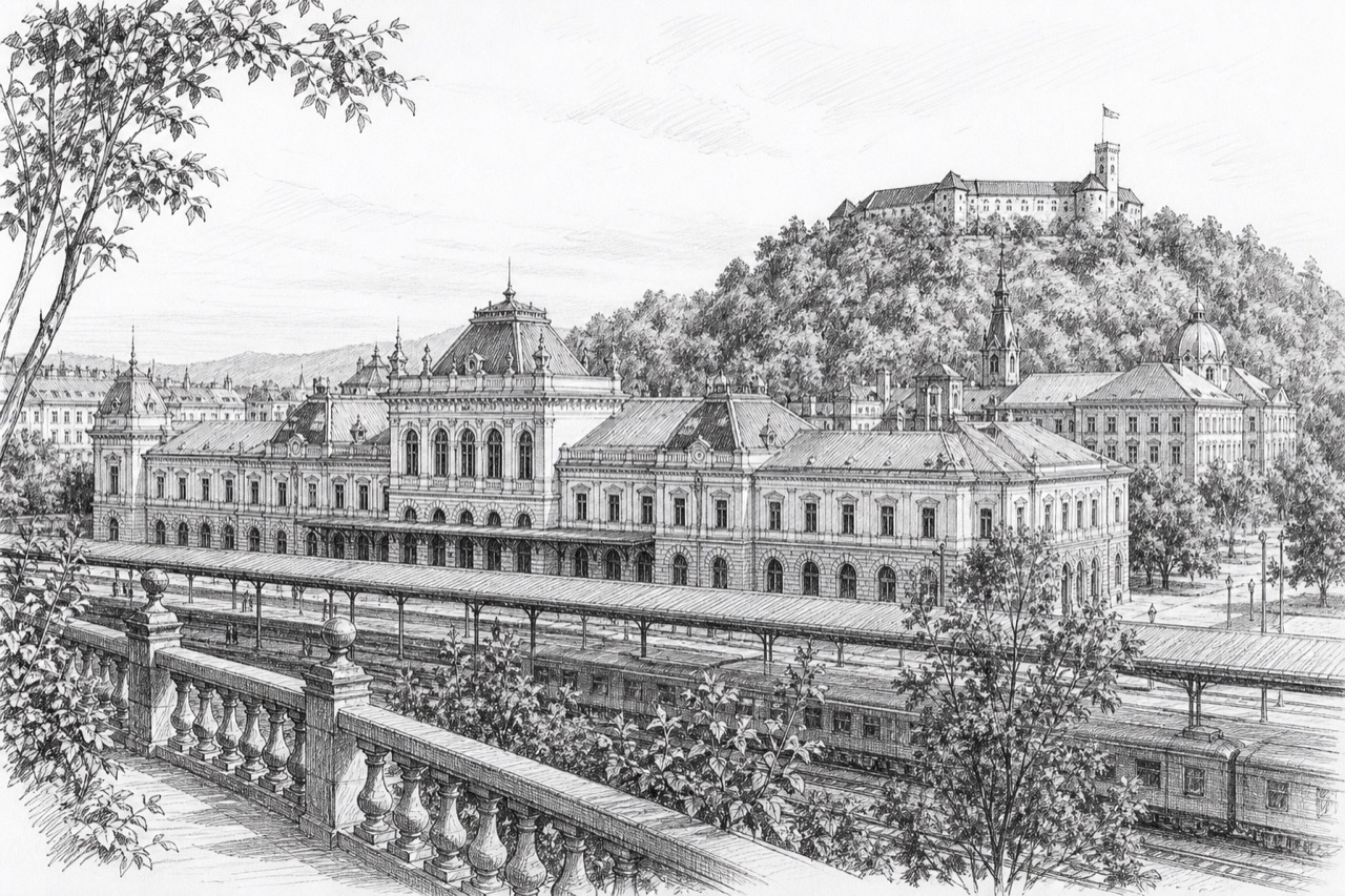 Hand-drawn pencil travel sketch for Ljubljana, Slovenia