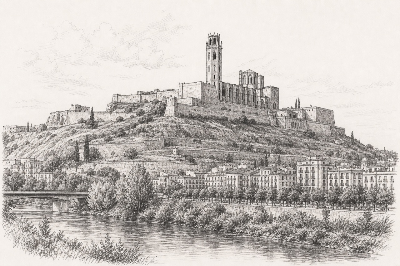 Hand-drawn pencil travel sketch for Lleida, Spain