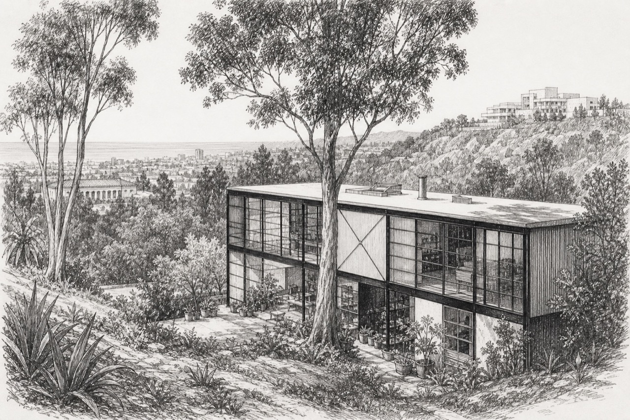 Hand-drawn pencil travel sketch for Los Angeles, United States