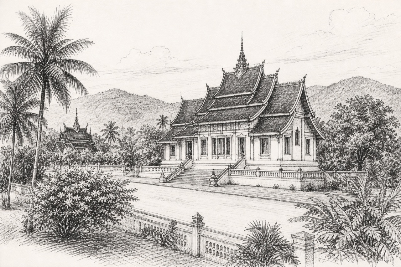 Hand-drawn pencil travel sketch for Luang Prabang, Laos