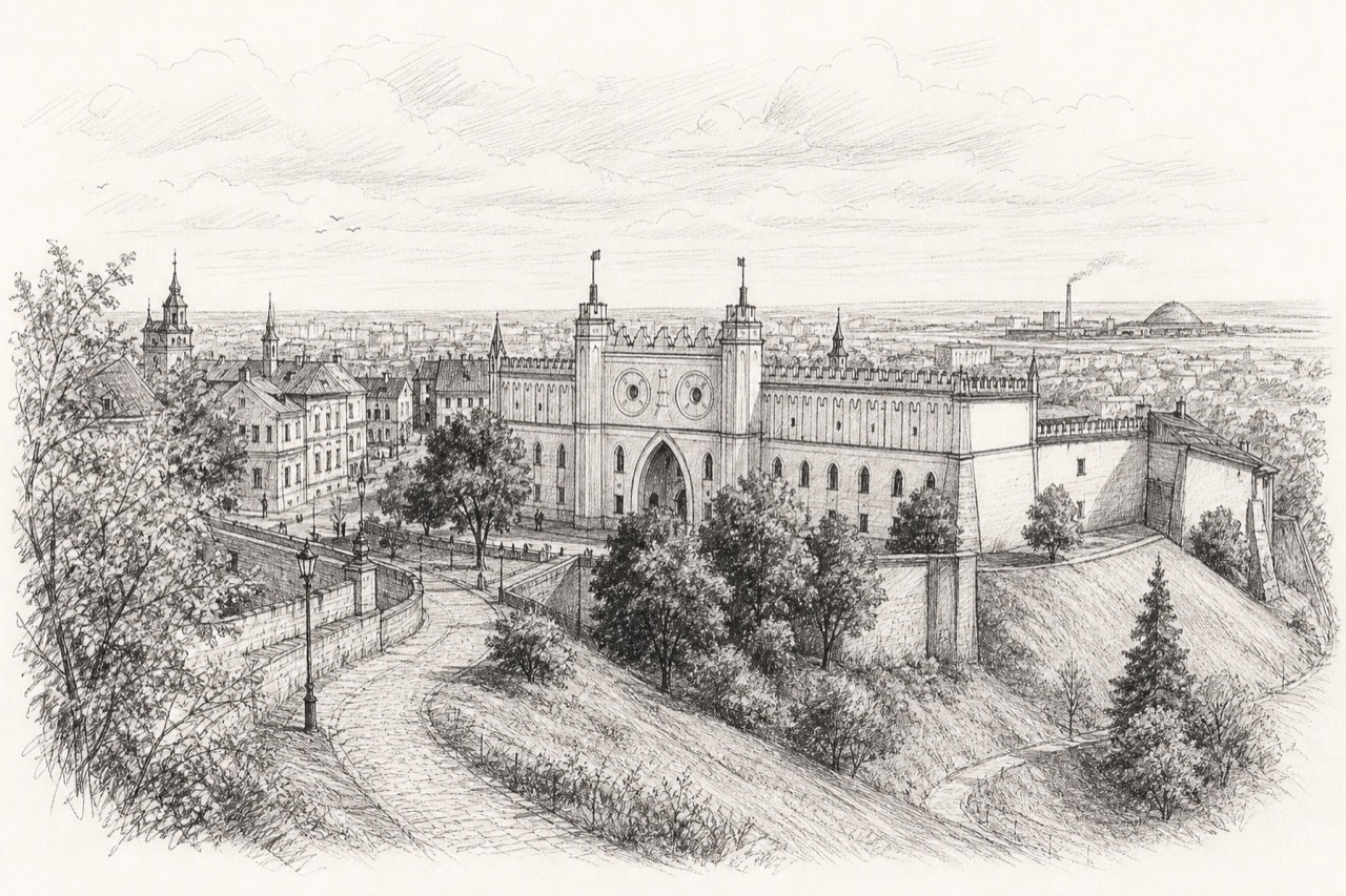 Hand-drawn pencil travel sketch for Lublin, Poland