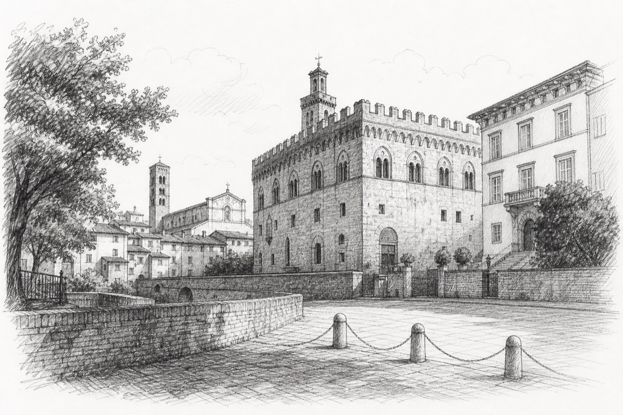 Hand-drawn pencil travel sketch for Lucca, Italy