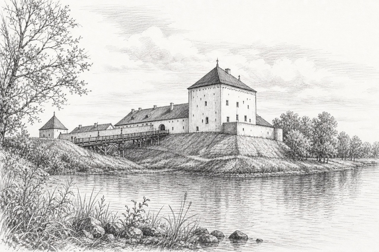 Hand-drawn pencil travel sketch for Ludza, Latvia