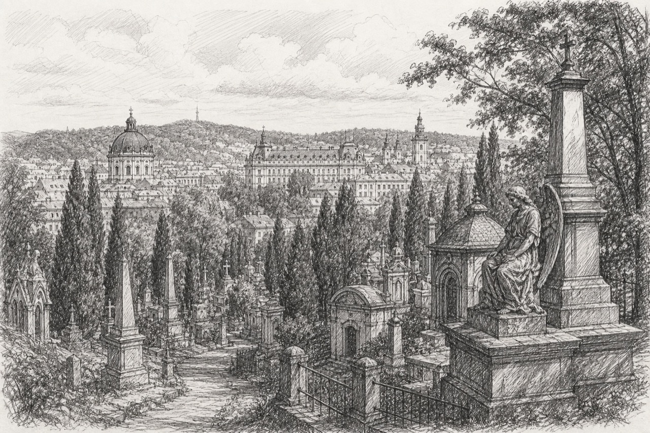 Hand-drawn pencil travel sketch for Lviv, Ukraine