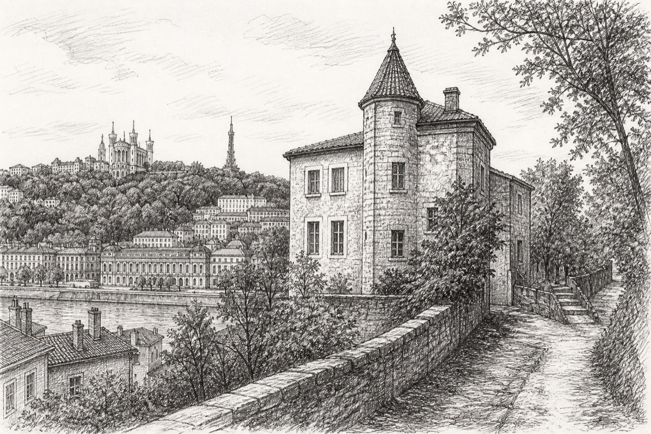 Hand-drawn pencil travel sketch for Lyon, France