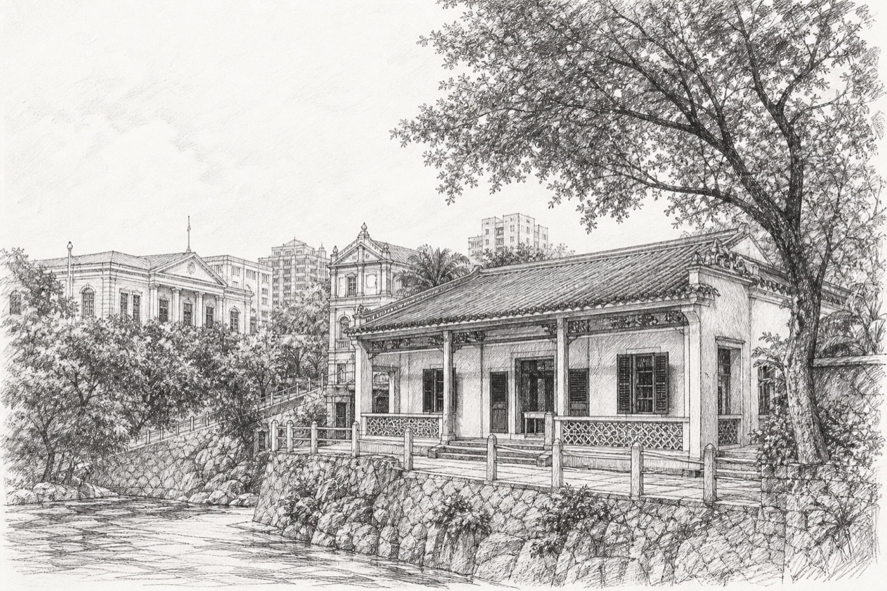 Hand-drawn pencil travel sketch for Macau, People's Republic of China