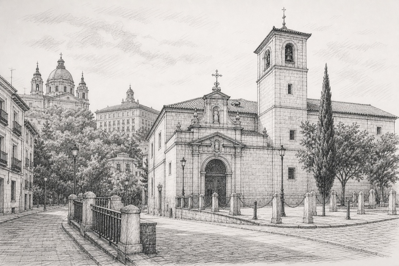 Hand-drawn pencil travel sketch for Madrid, Spain