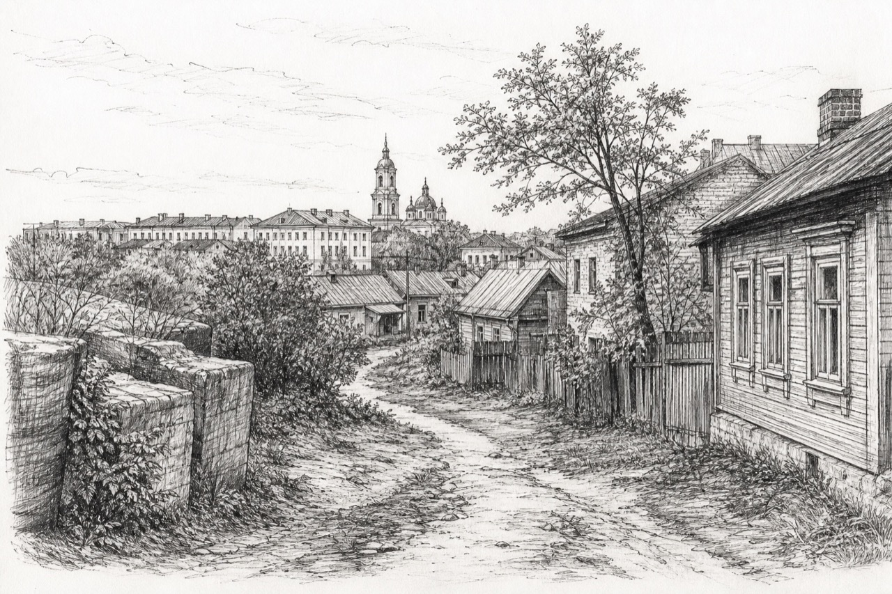 Hand-drawn pencil travel sketch for Mahilyow, Belarus