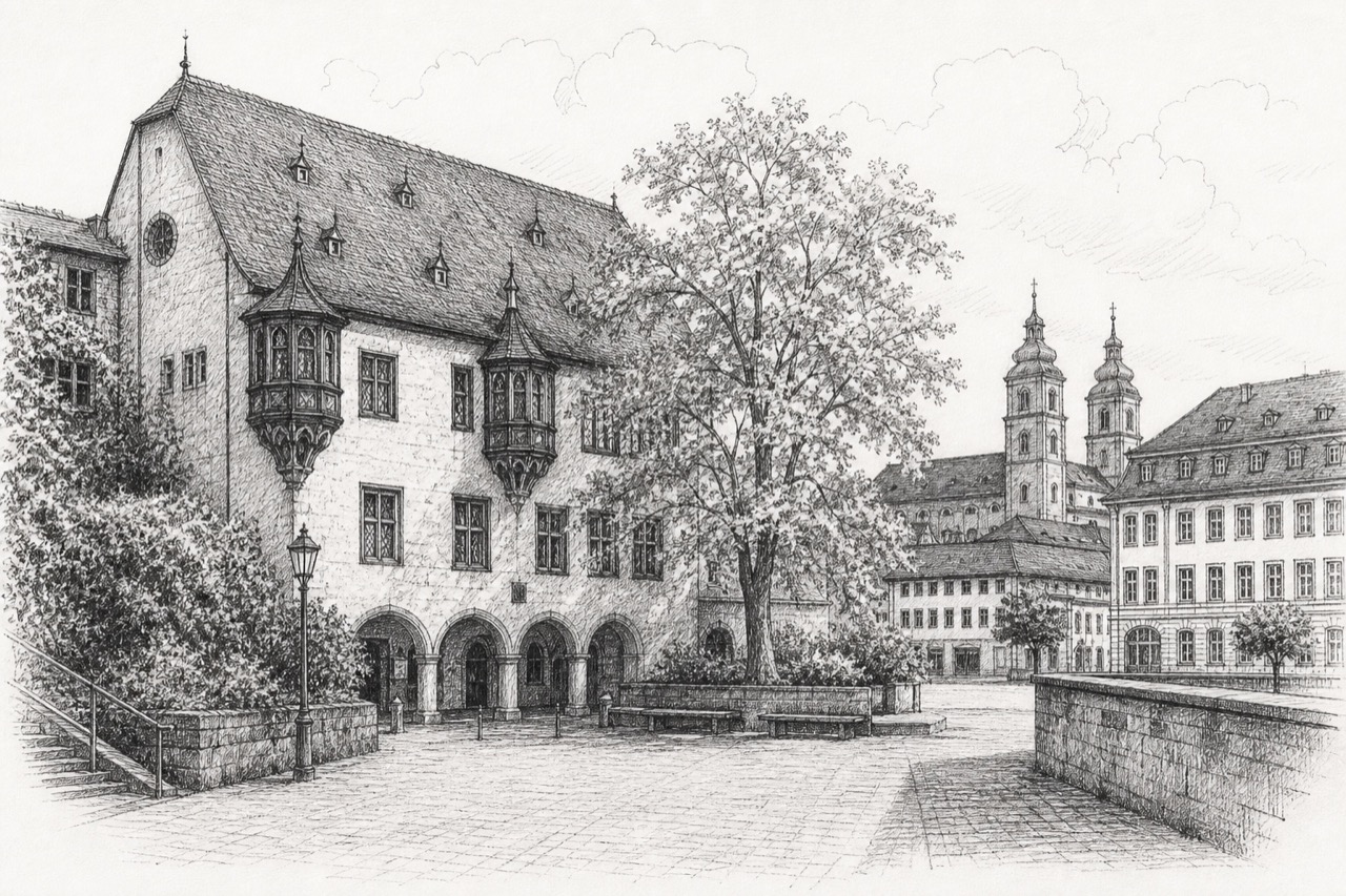 Hand-drawn pencil travel sketch for Mainz, Germany