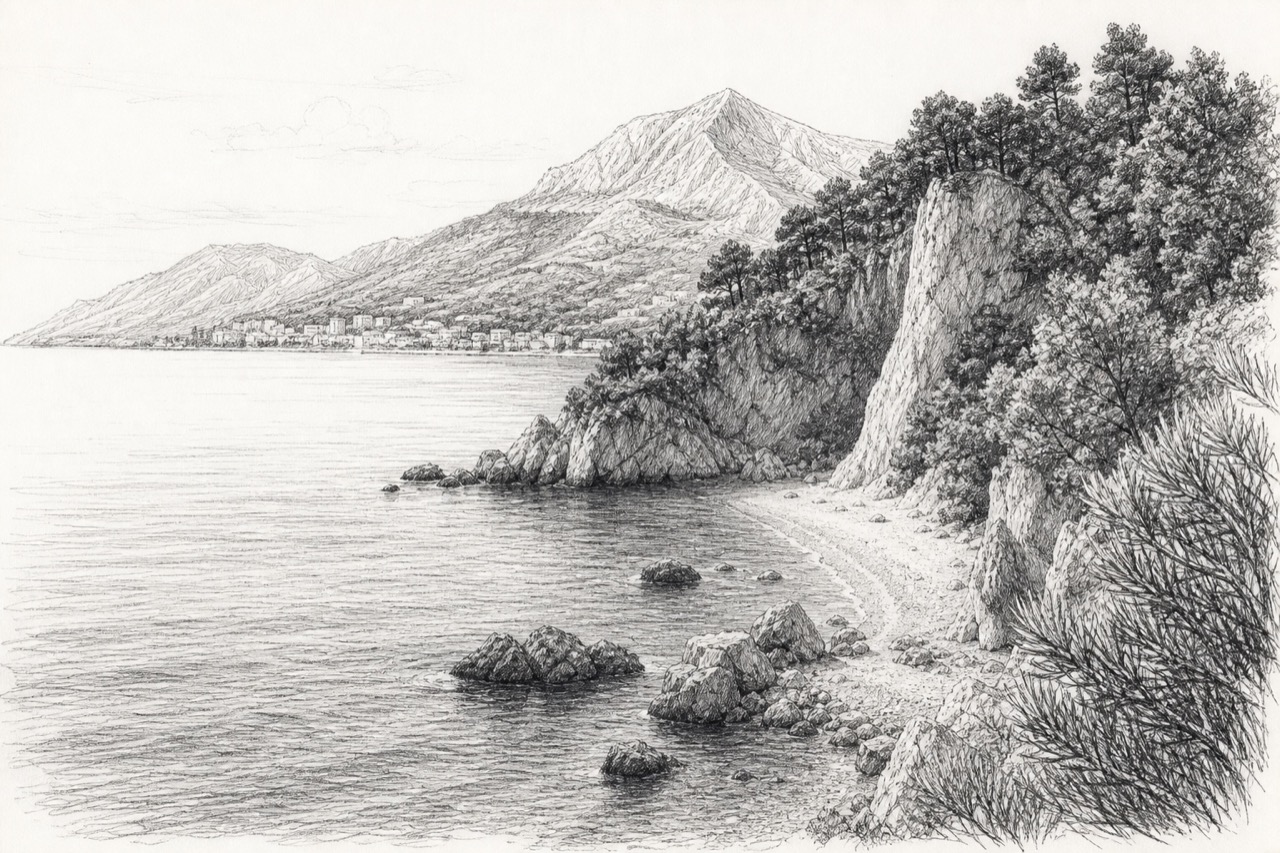 Hand-drawn pencil travel sketch for Makarska, Croatia