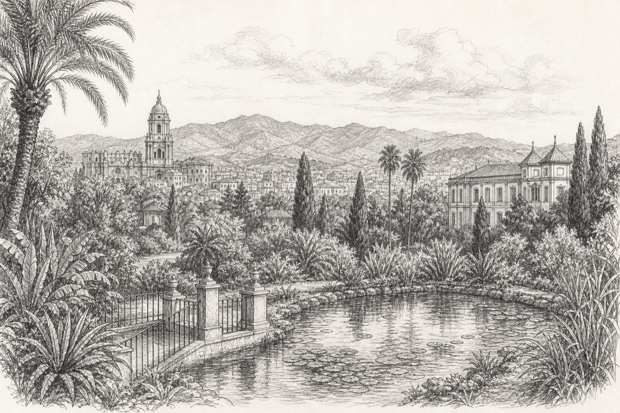 Hand-drawn pencil travel sketch for Málaga, Spain