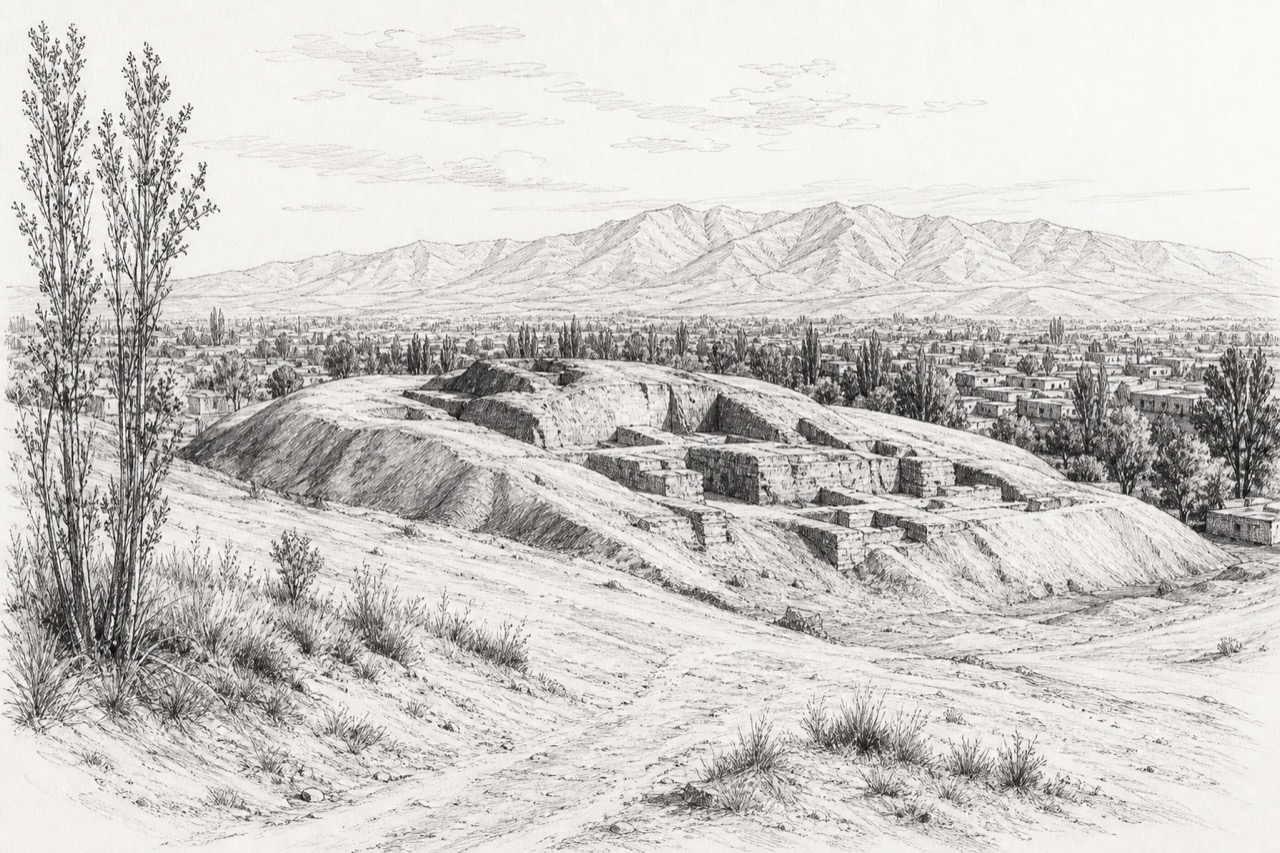 Hand-drawn pencil travel sketch for Malayer, Iran