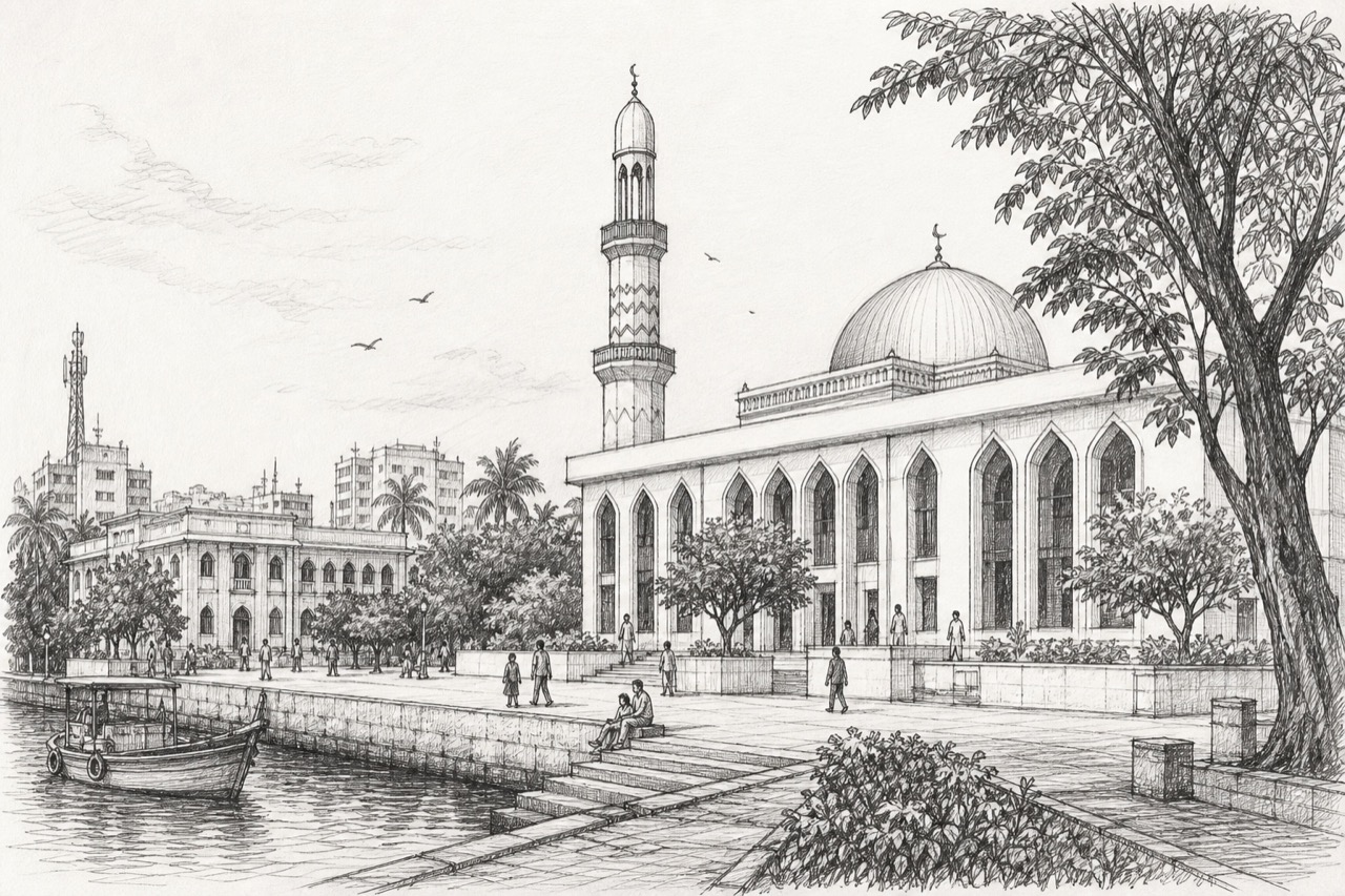 Hand-drawn pencil travel sketch for Malé, Maldives