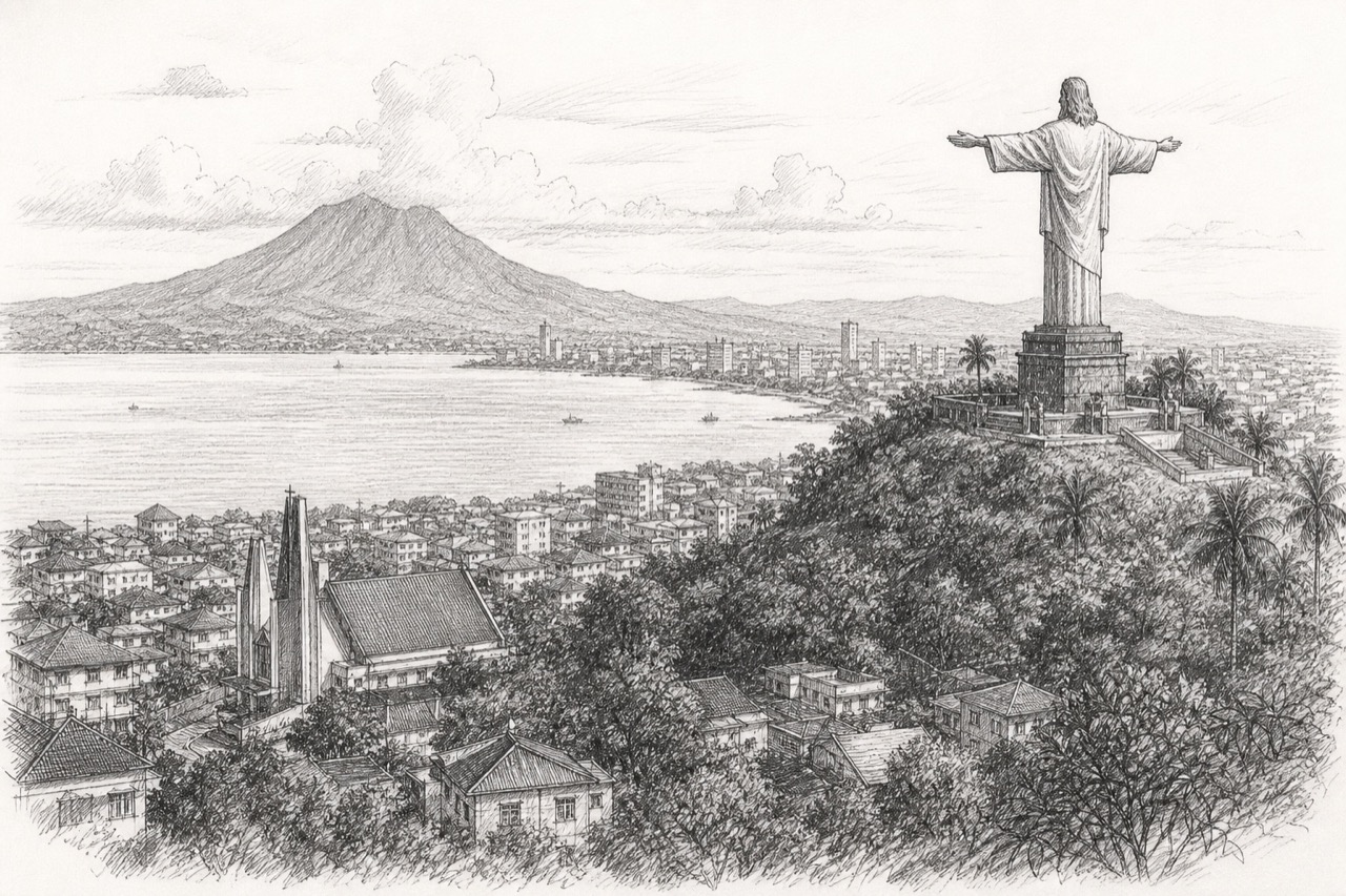 Hand-drawn pencil travel sketch for Manado, Indonesia