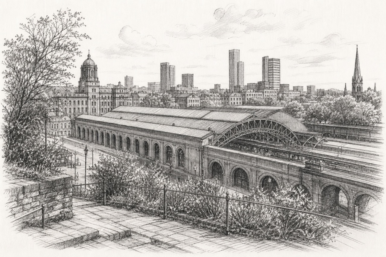 Hand-drawn pencil travel sketch for Manchester, United Kingdom