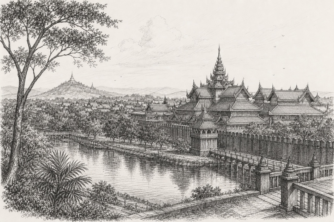 Hand-drawn pencil travel sketch for Mandalay, Myanmar