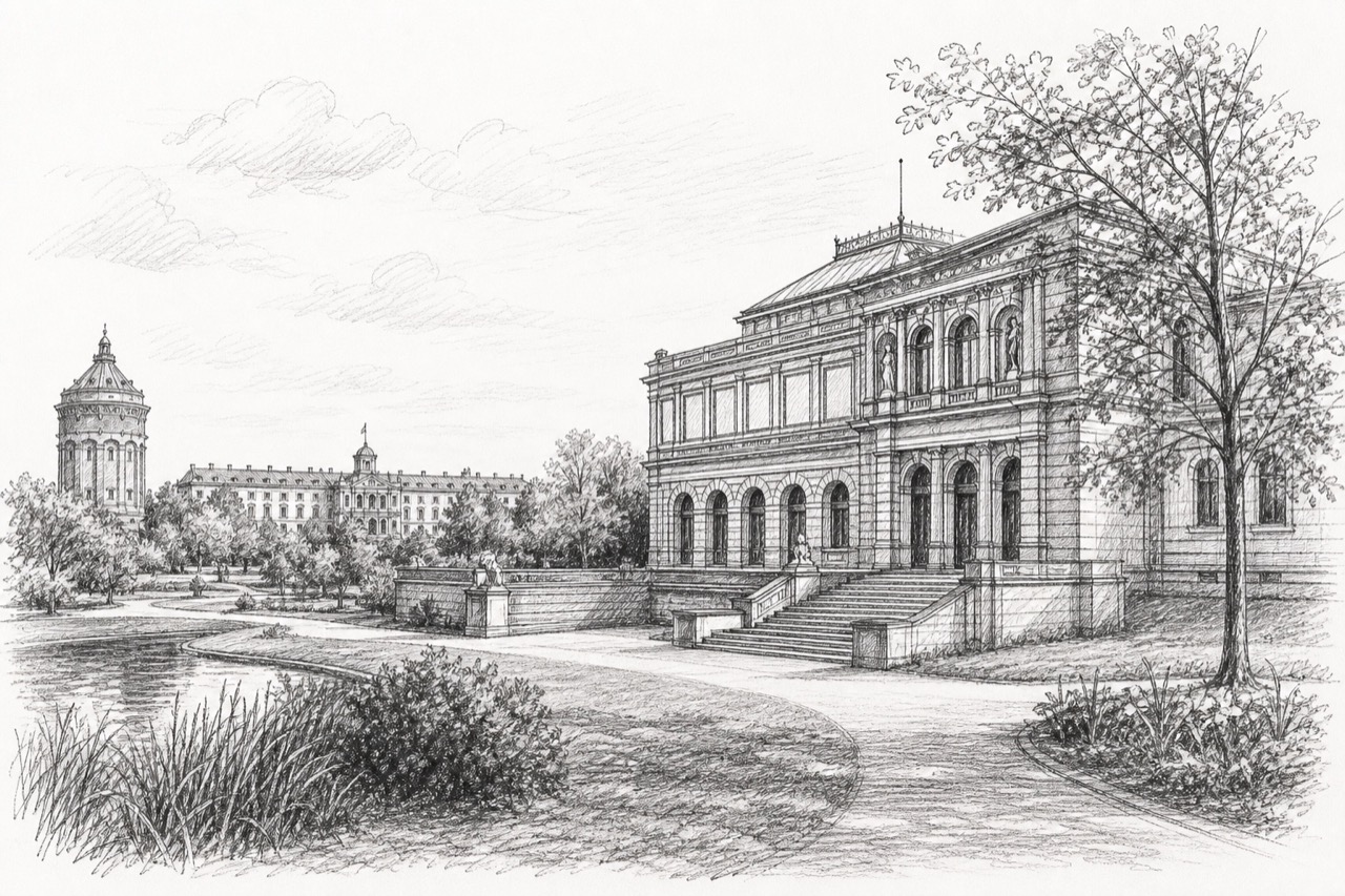 Hand-drawn pencil travel sketch for Mannheim, Germany