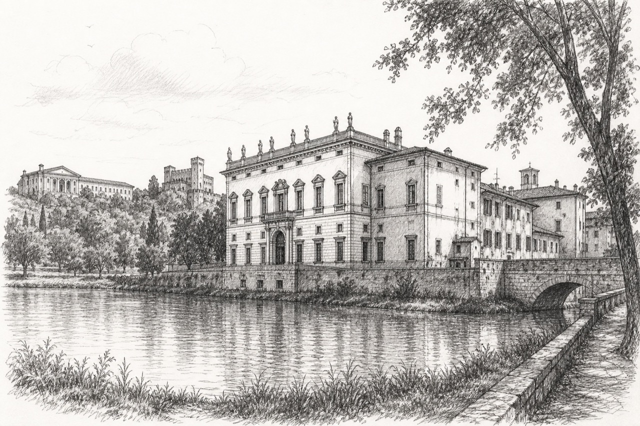 Hand-drawn pencil travel sketch for Mantua, Italy