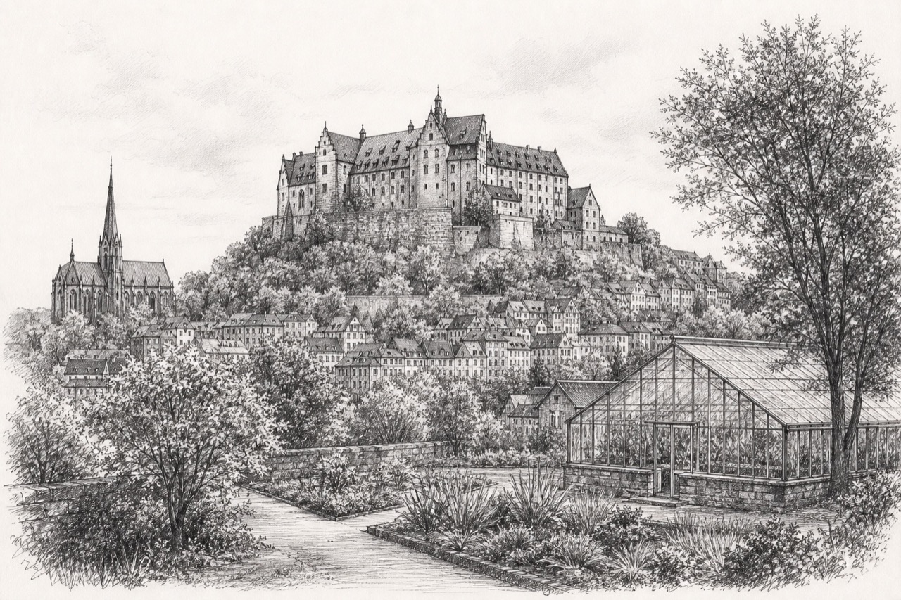 Hand-drawn pencil travel sketch for Marburg, Germany