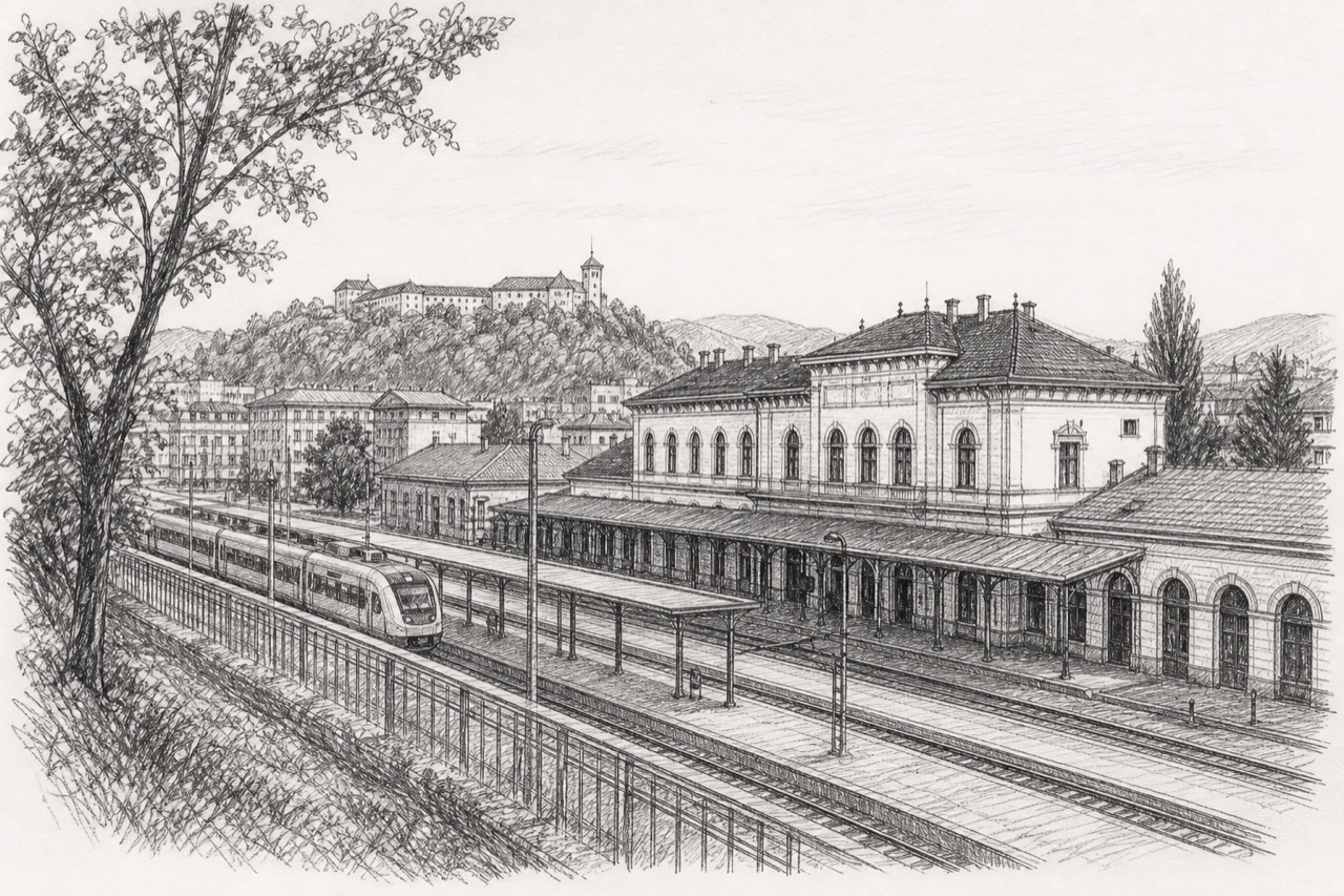 Hand-drawn pencil travel sketch for Maribor, Slovenia