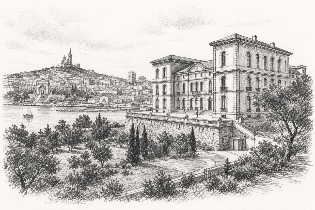 Hand-drawn pencil travel sketch for Marseille, France