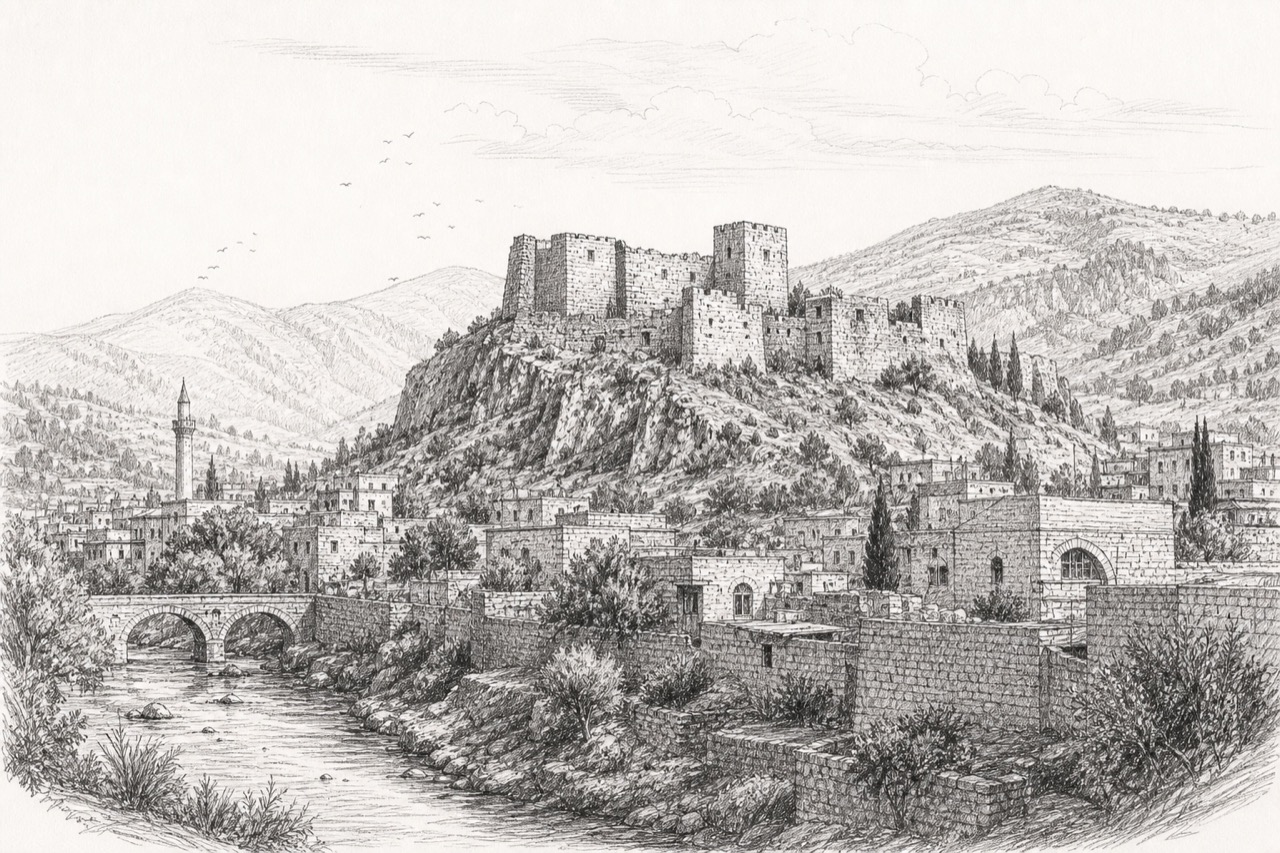 Hand-drawn pencil travel sketch for Masyaf, Syria