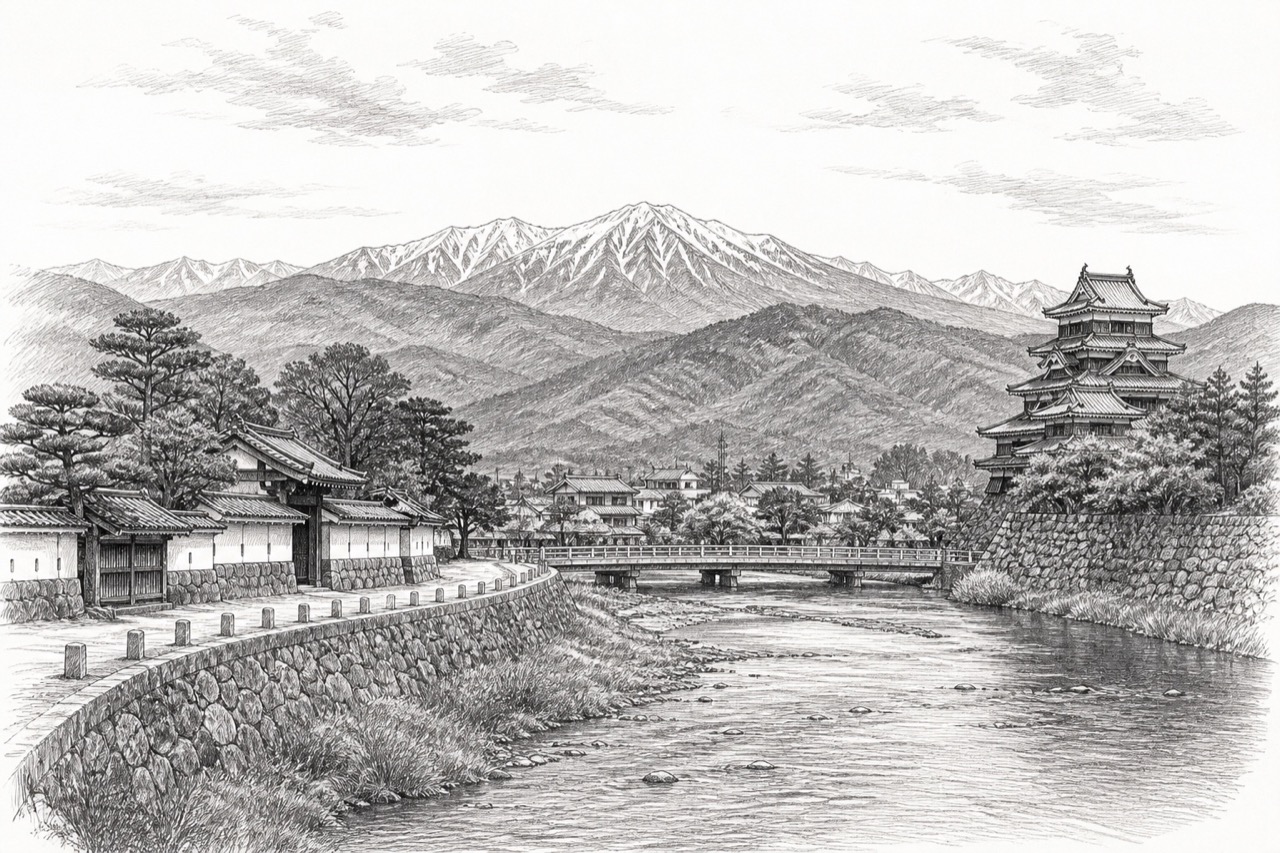 Hand-drawn pencil travel sketch for Matsumoto, Japan