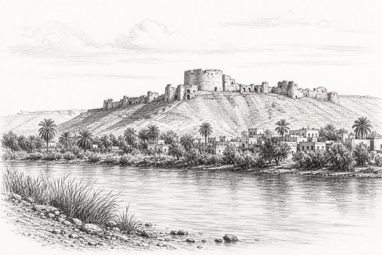 Hand-drawn pencil travel sketch for Mayadin, Syria