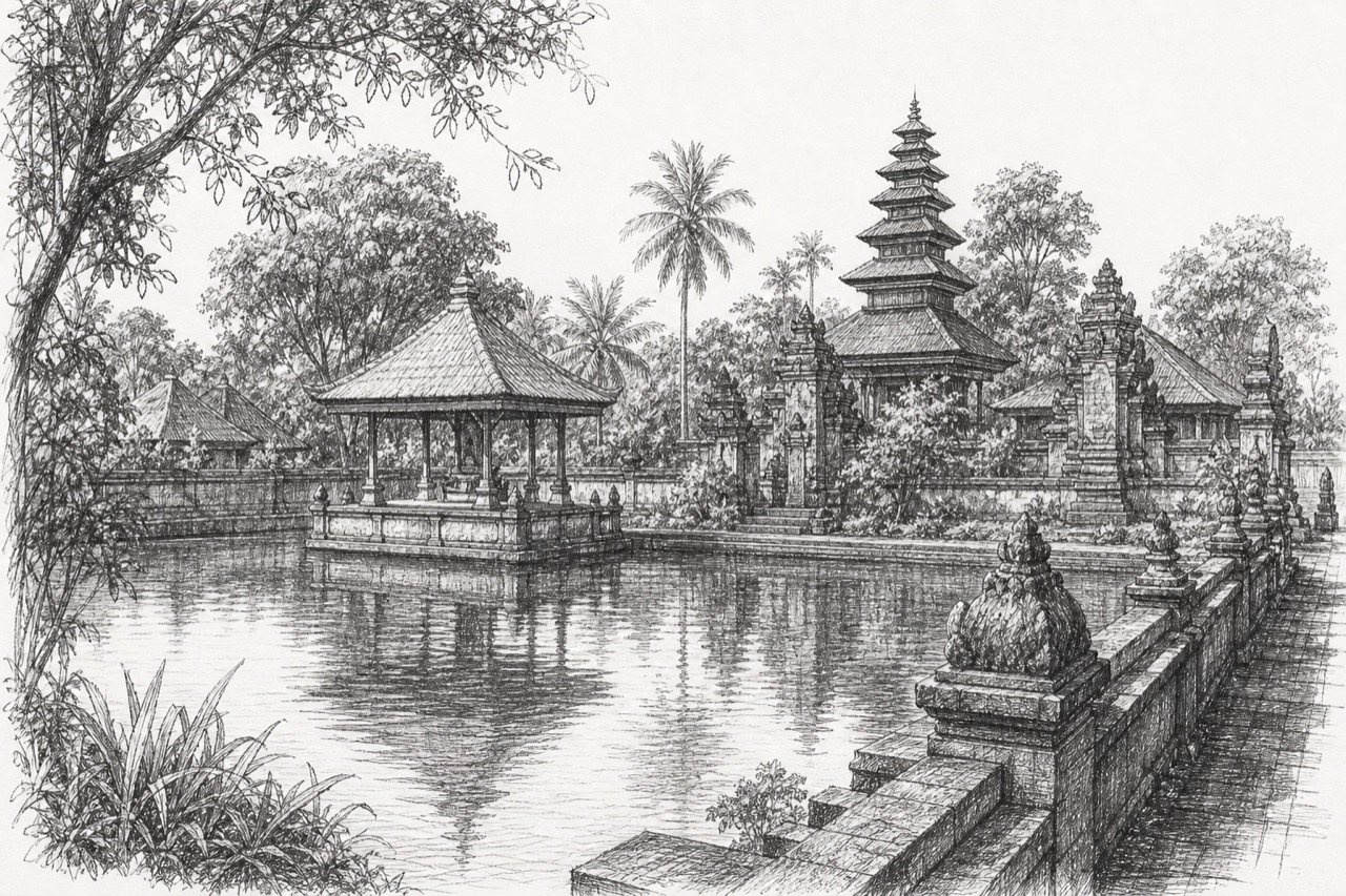 Hand-drawn pencil travel sketch for Mayura, Indonesia