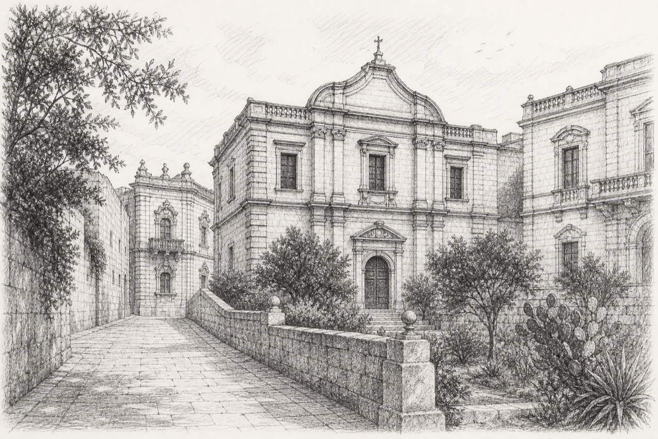 Hand-drawn pencil travel sketch for Mdina, Malta