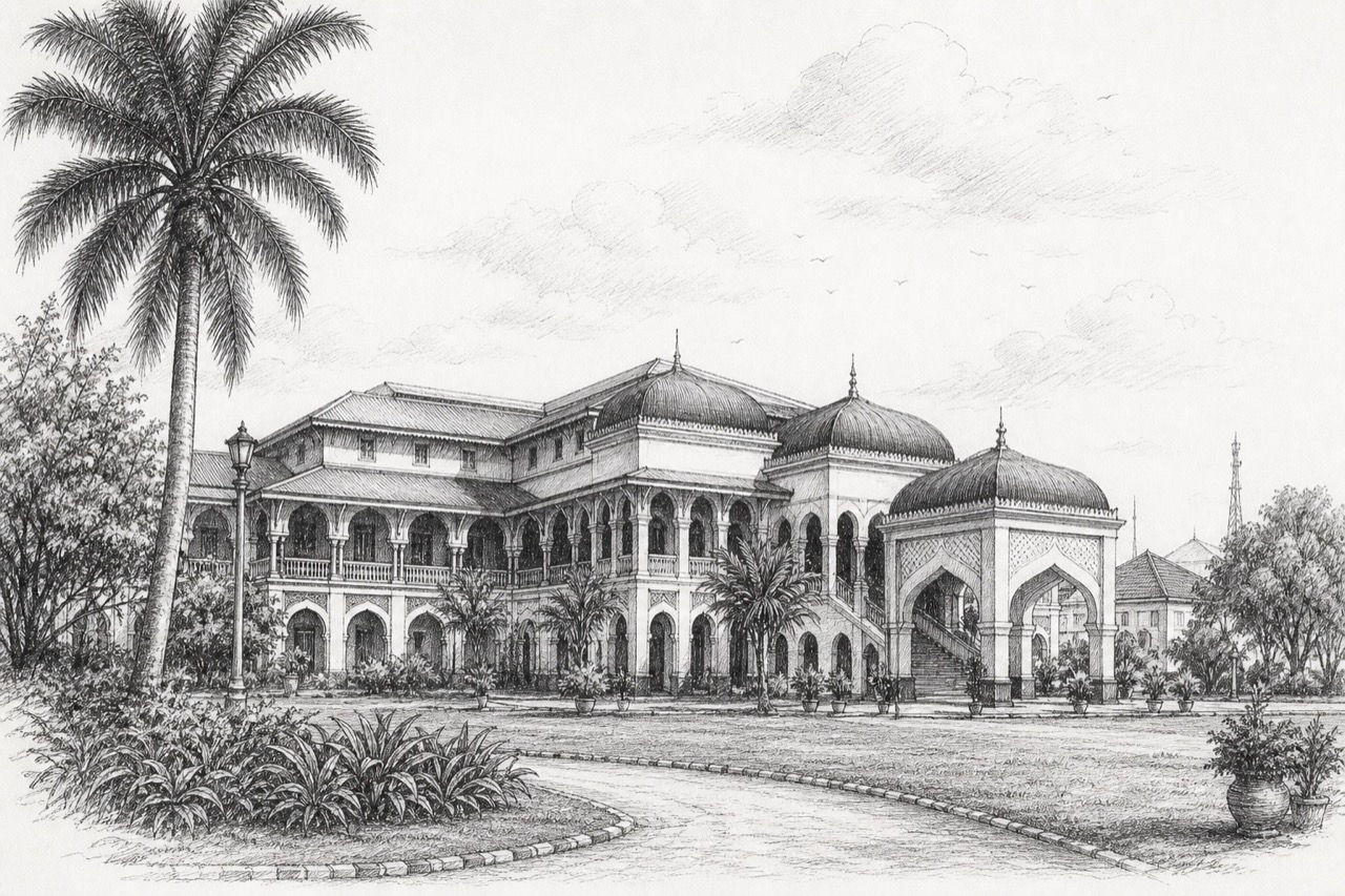 Hand-drawn pencil travel sketch for Medan, Indonesia