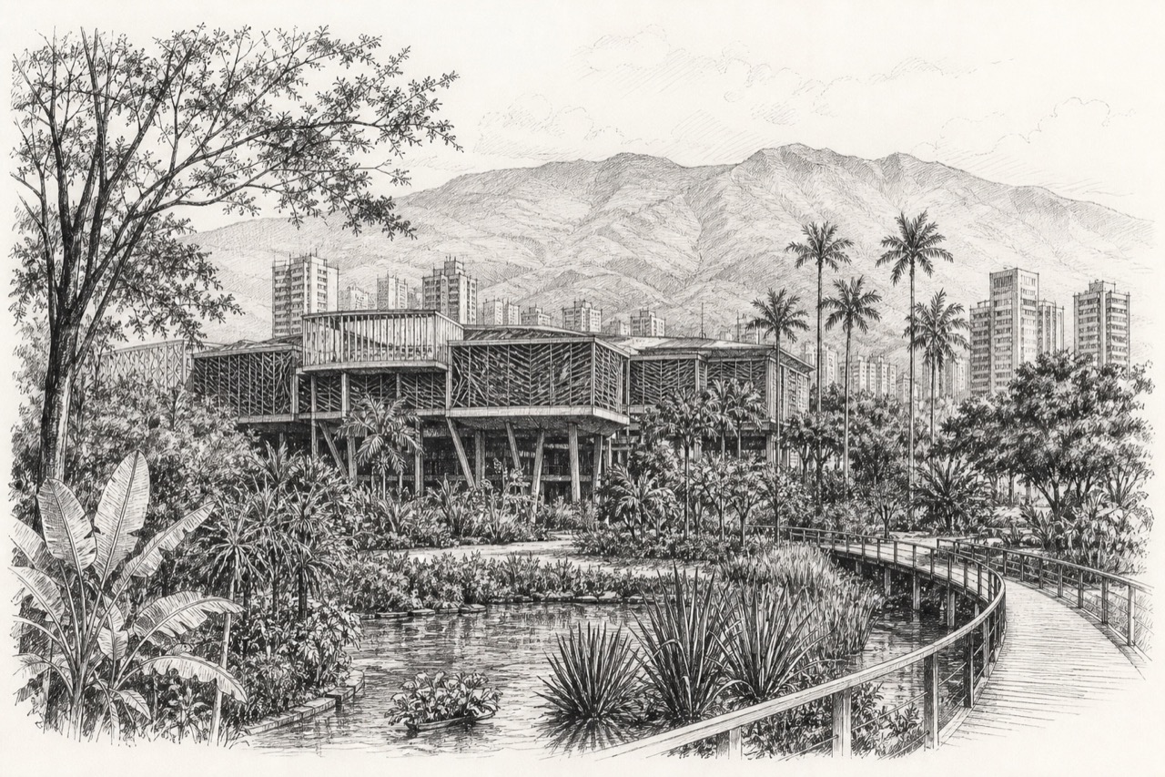 Hand-drawn pencil travel sketch for Medellín, Colombia