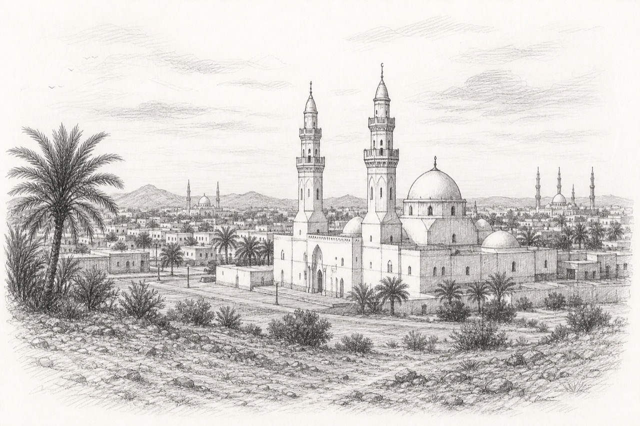 Hand-drawn pencil travel sketch for Medina, Saudi Arabia