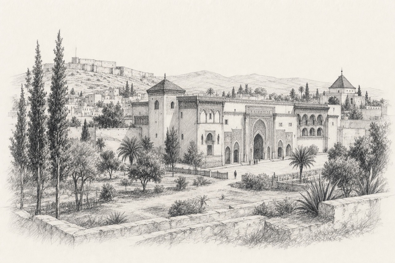 Hand-drawn pencil travel sketch for Meknes, Morocco
