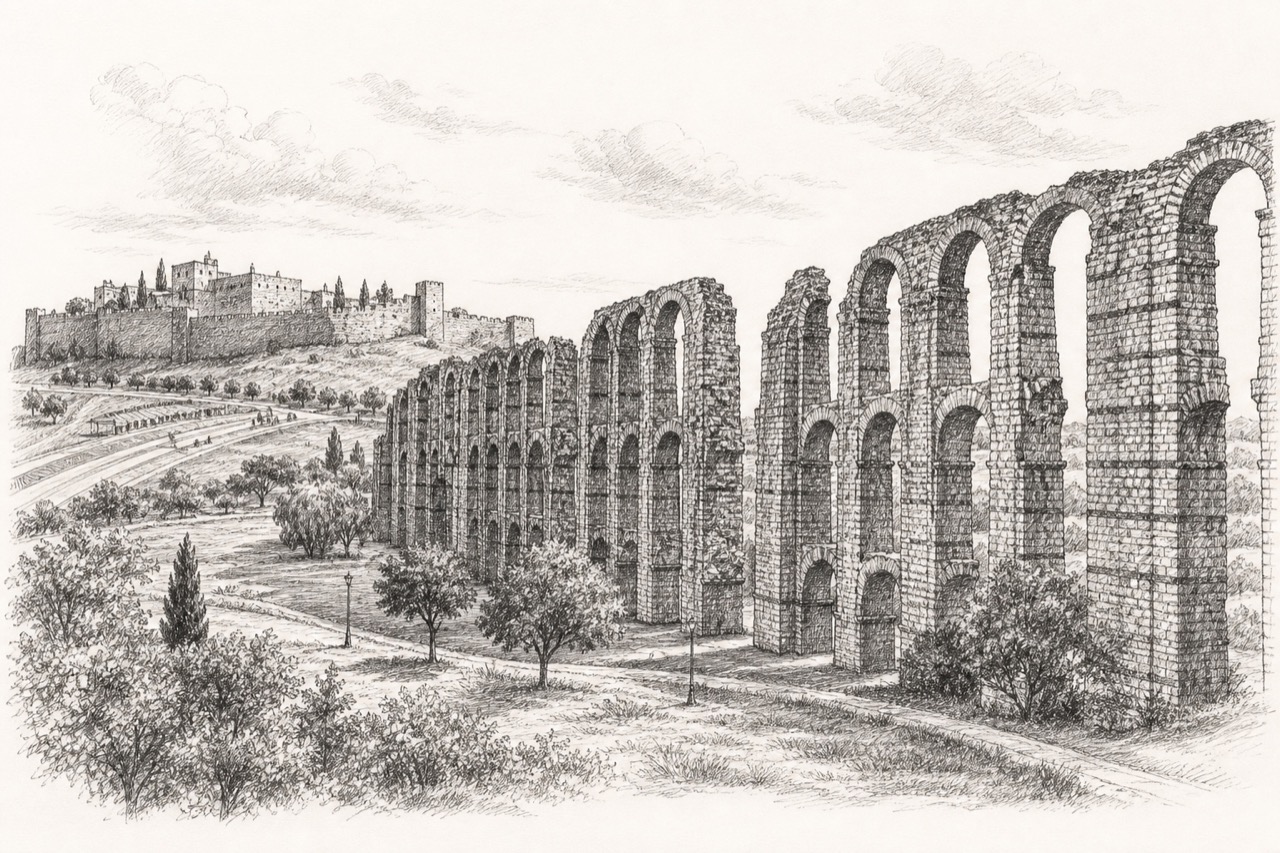 Hand-drawn pencil travel sketch for Mérida, Spain