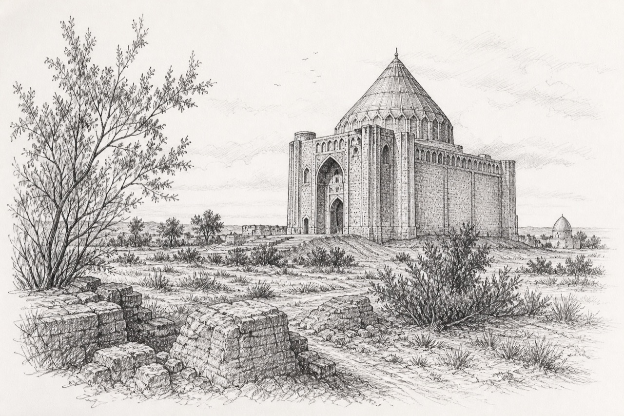 Hand-drawn pencil travel sketch for Merv, Turkmenistan
