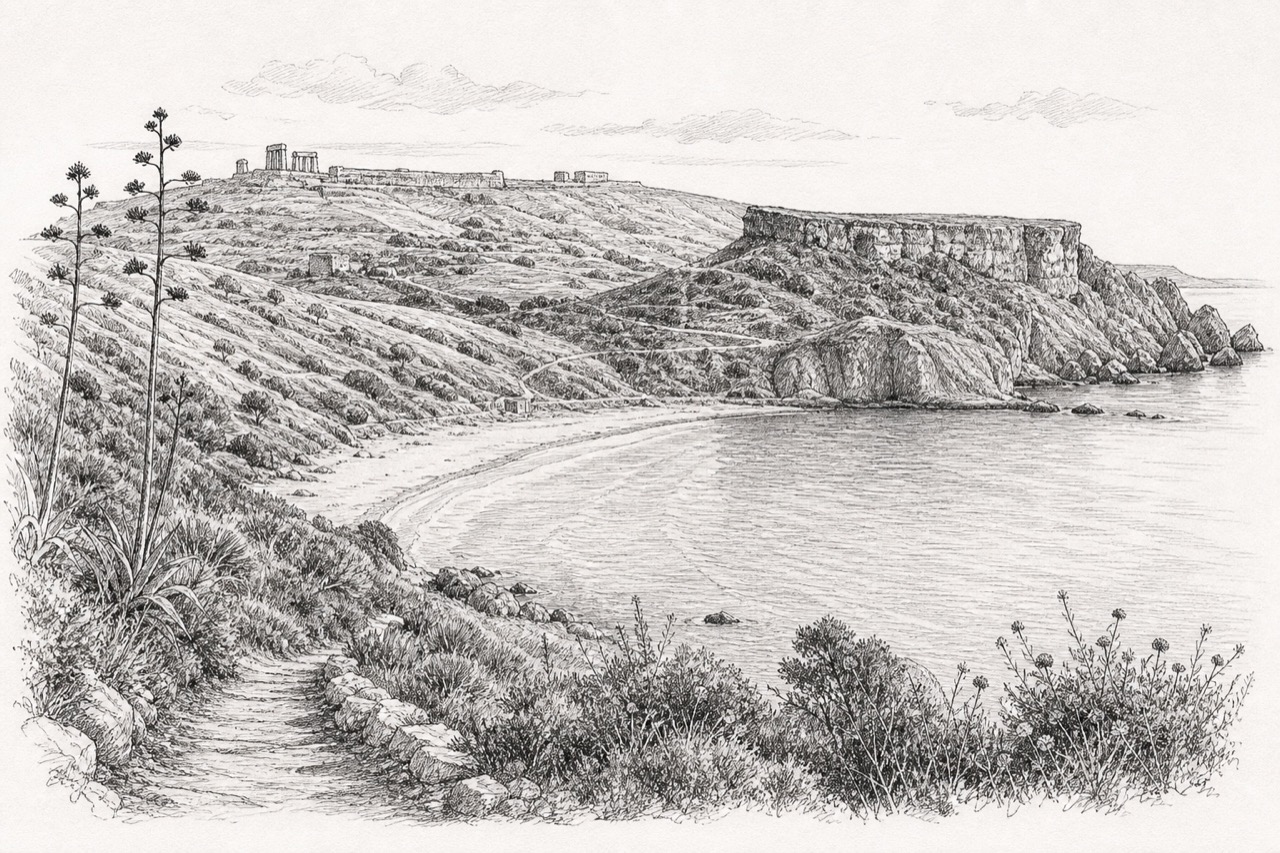 Hand-drawn pencil travel sketch for Mġarr, Malta